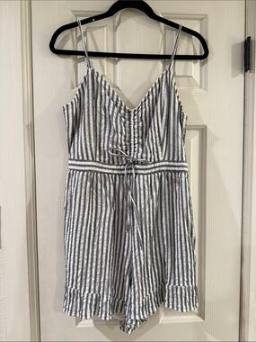 American Eagle Outfitters White and Charcoal Striped Knit Romper